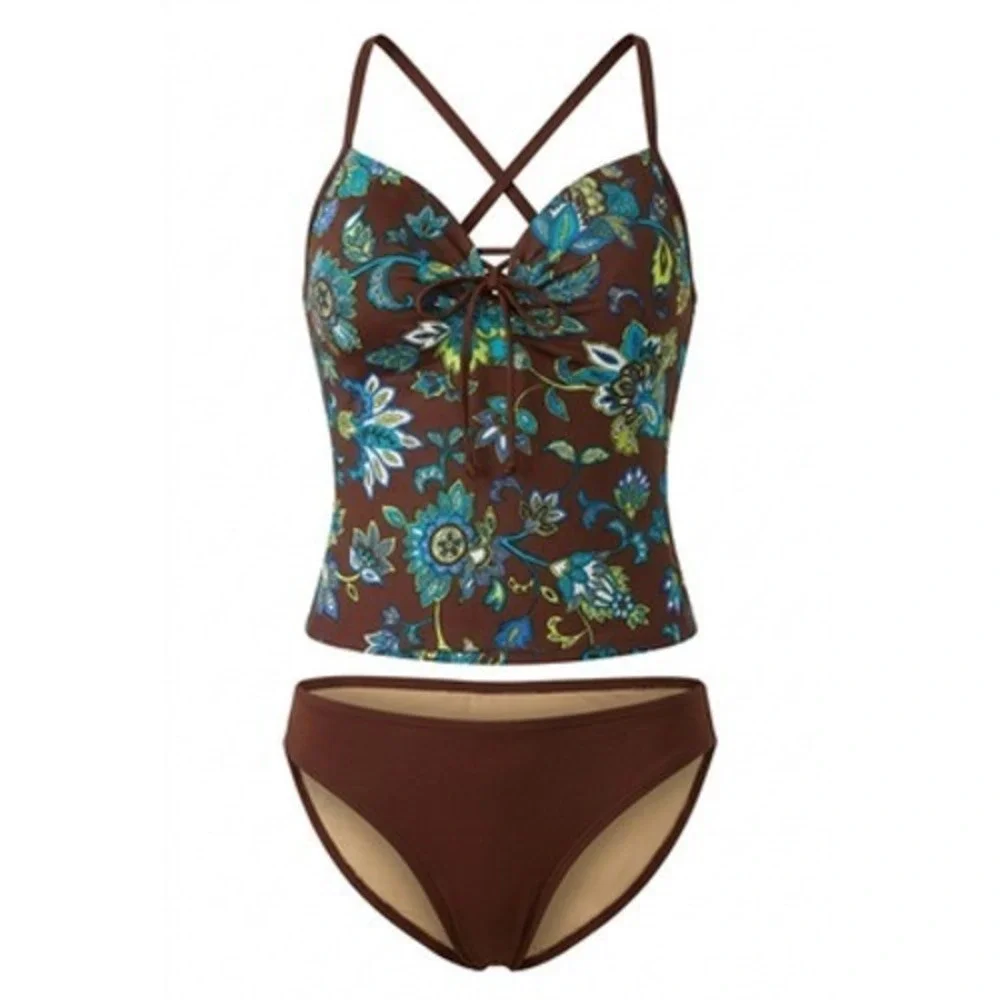Victoria's Secret Swimsuit 34D Chocolate Brown Floral Tankini Bikini Set Padded